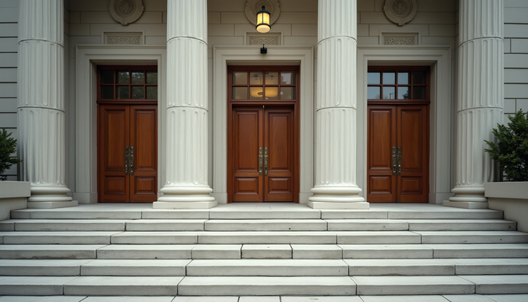 Eye-level view of a Broward County courthouse entrance with steps leading up to the main doors