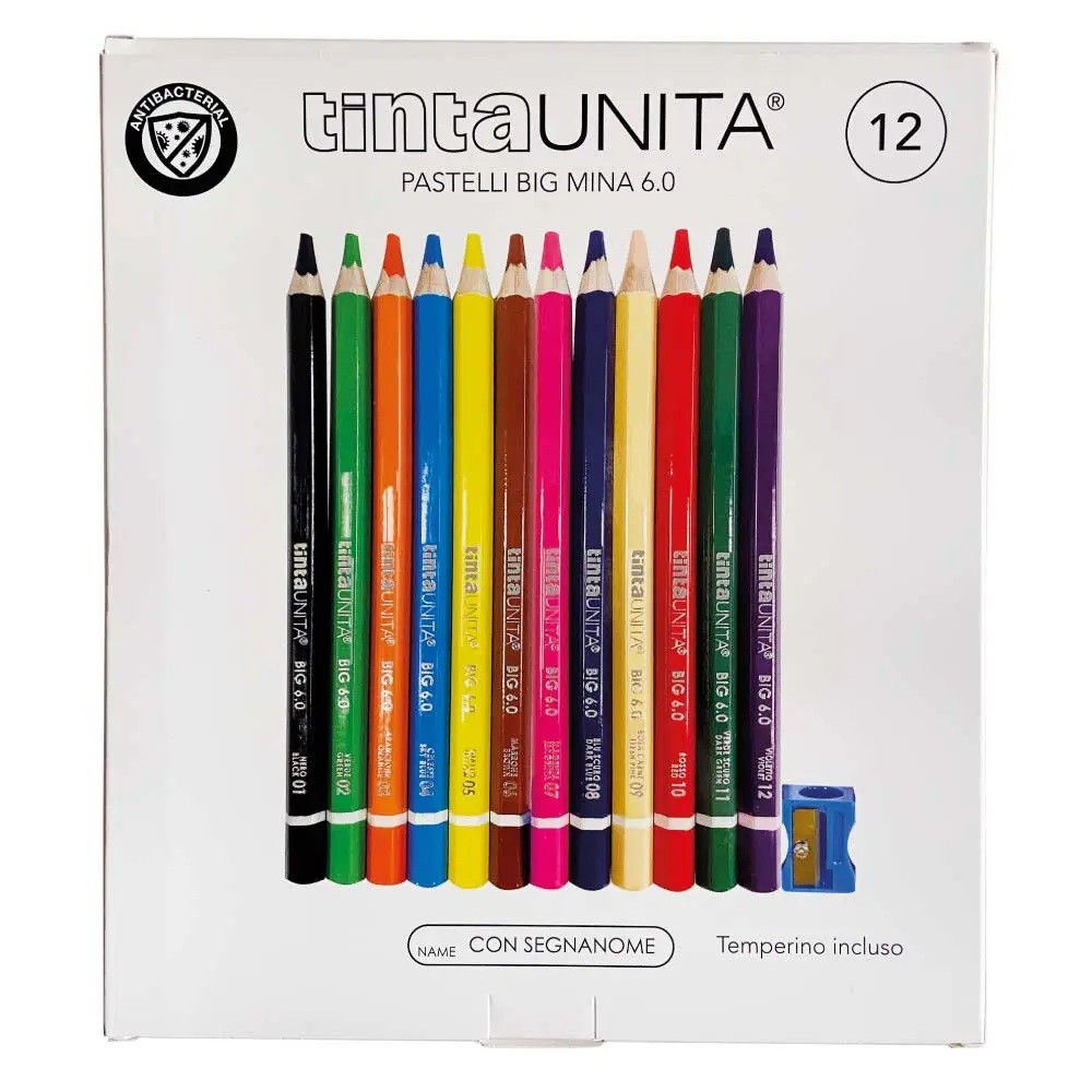 Set di 12 Pastelli in Legno Tinta Unita BIG Mina 6.0 con Temperino Incluso