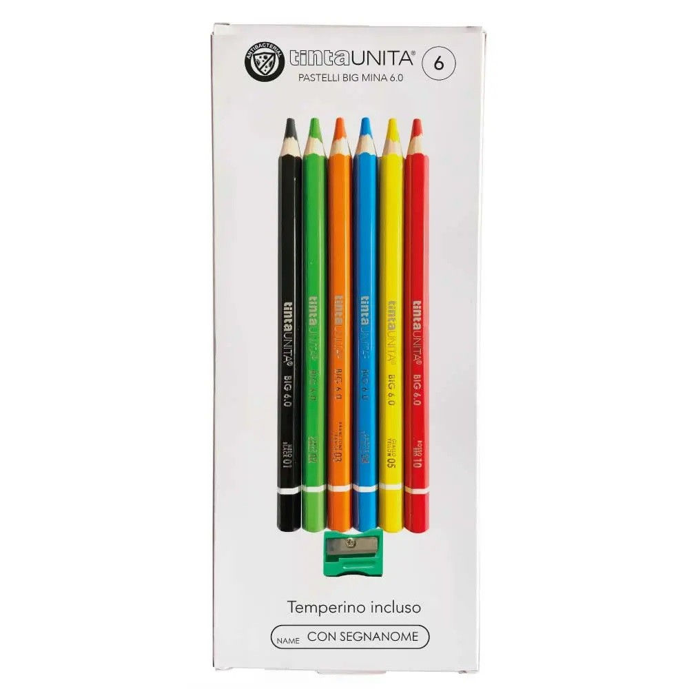 Set di 6 Pastelli in Legno Tinta Unita BIG Mina 6.0 con Temperino Incluso