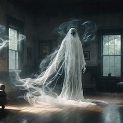 Sala sombria de um casarão brasileiro histórico, no centro da qual uma figura espectral feita de fumaça branca esvoaçante tem o rosto indefinido.