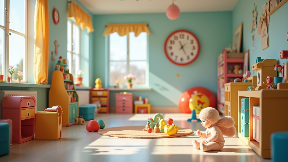 Eye-level view of a colorful playroom with various toys and equipment