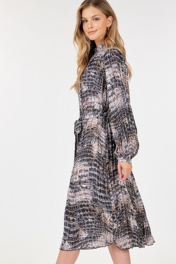Thumbnail: Long Sleeve Pleated Snake Skin Print Midi Dress