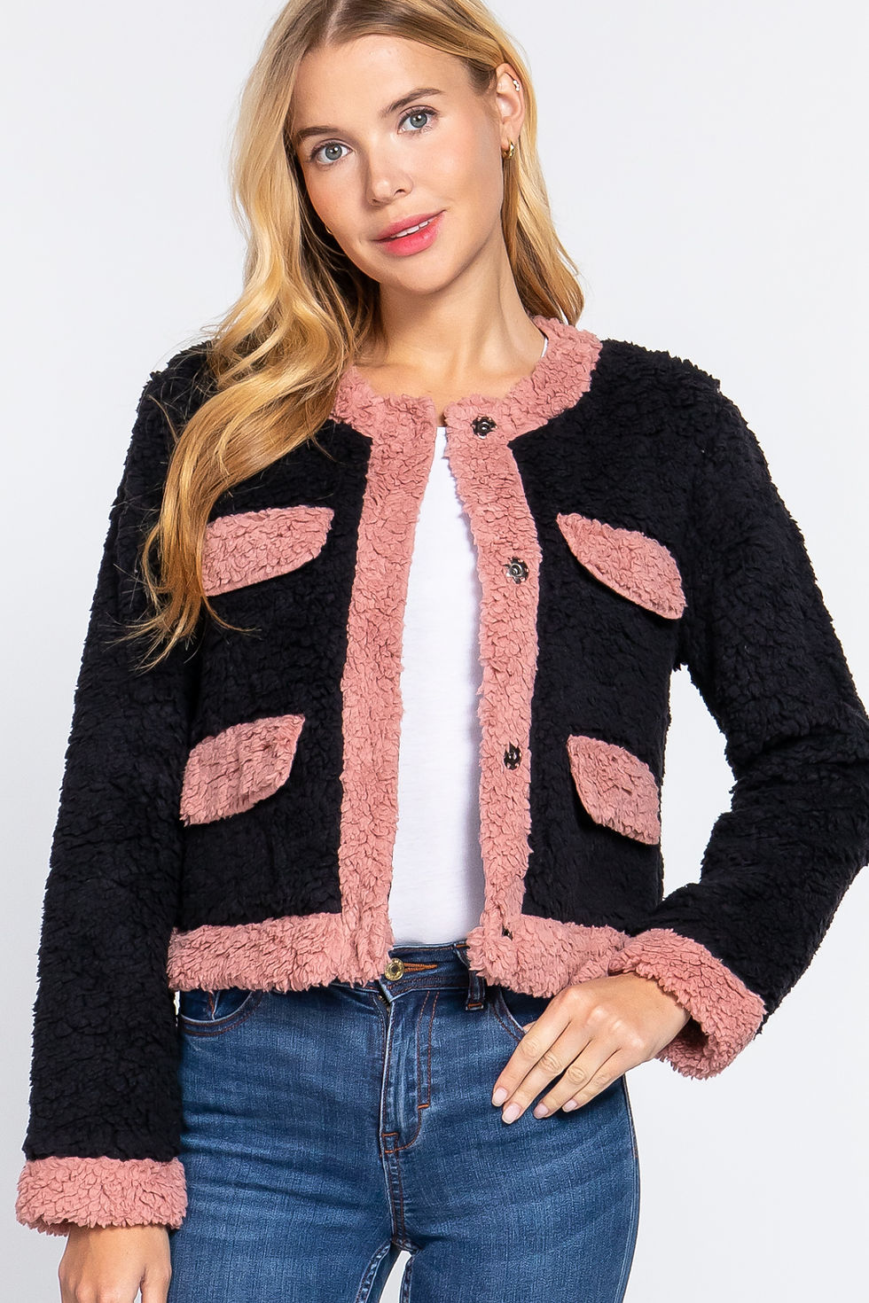 Thumbnail: Long Sleeve Pocket Detail Faux Fur Jacket