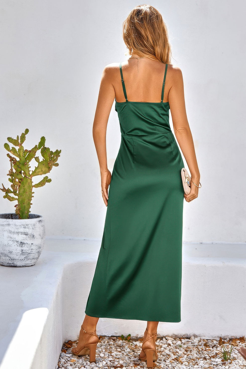 Thumbnail: Spaghetti Strap Cowl Neck Split Midi Slit Dress