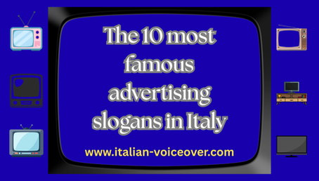 Inside a television screen with a blue background, the words "The most ten famous advertising slogans in Italy" are displayed. On the sides are a series of vintage television sets.