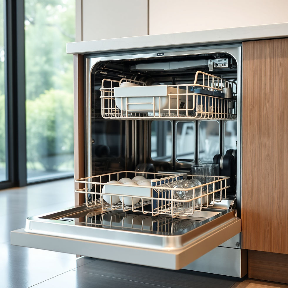 Close-up view of a dishwasher door open in a modern kitchen