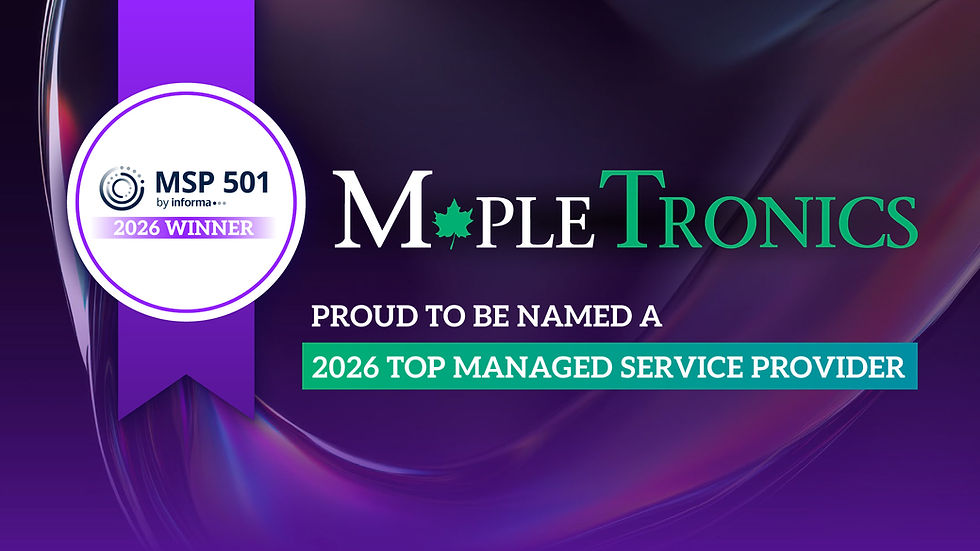 MSP 501 2026 Winner badge beside MapleTronics text, announcing 2026 Top Managed Service Provider on a purple abstract background.