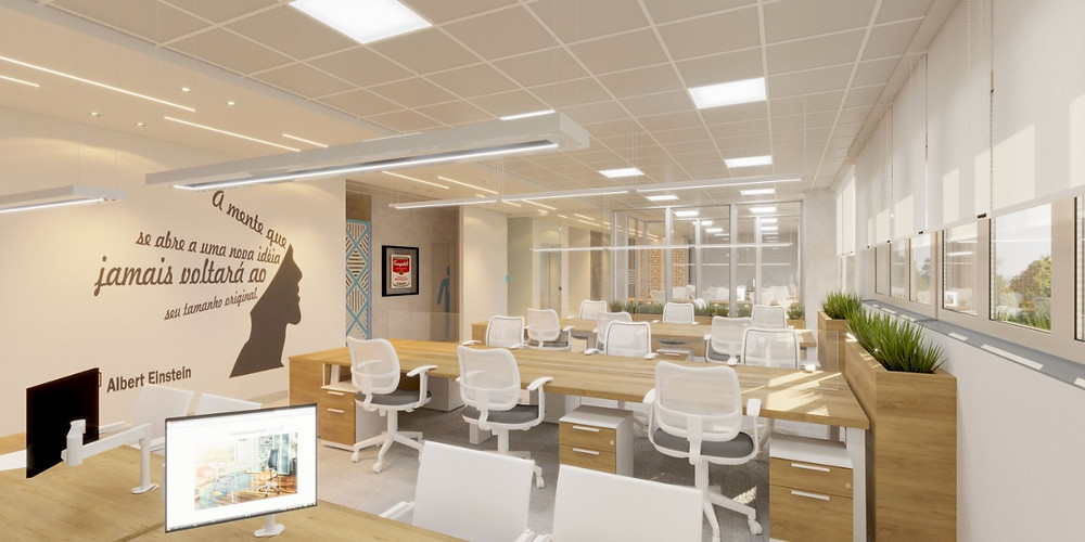 Escritório administrativo com visual open space mas com conforto acústico garantido por divisórias de vidro
