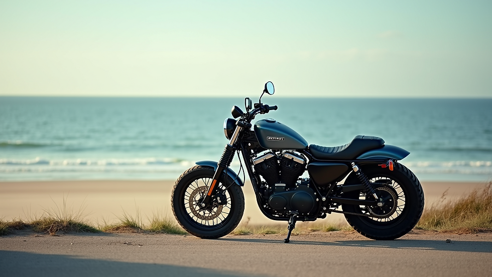 High angle view of a motorcycle parked near a beach with ocean in the background