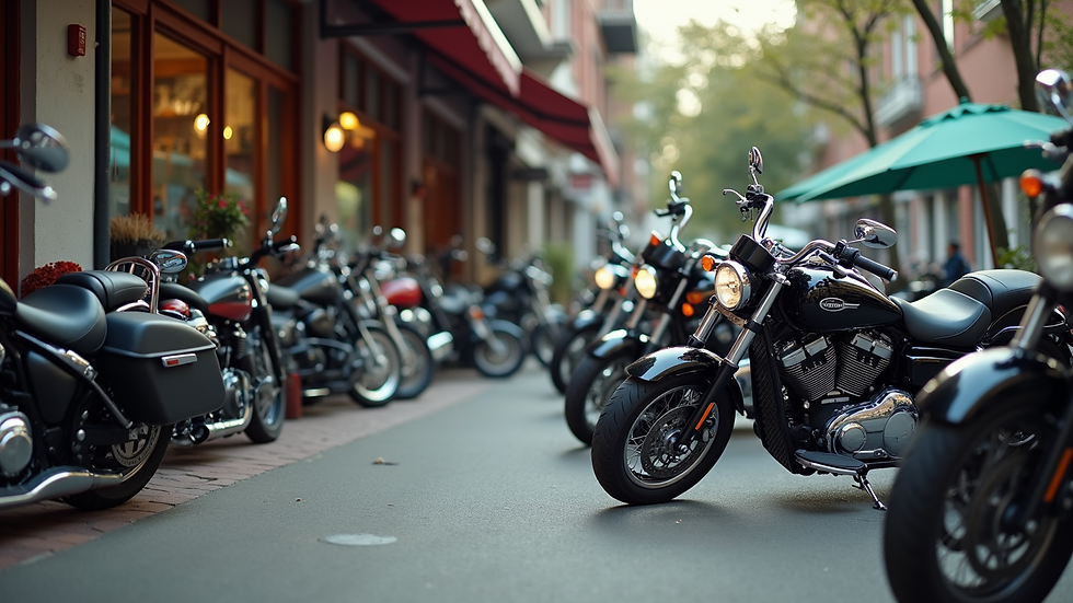 Eye-level view of a row of parked motorcycles outside a rental shop