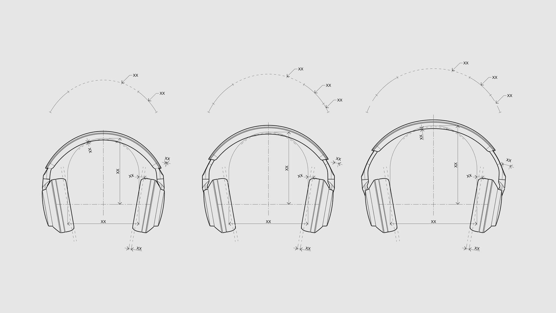 Headphone ergonomic product research illustration with anthropometric dimensions, focused on user-centred design.