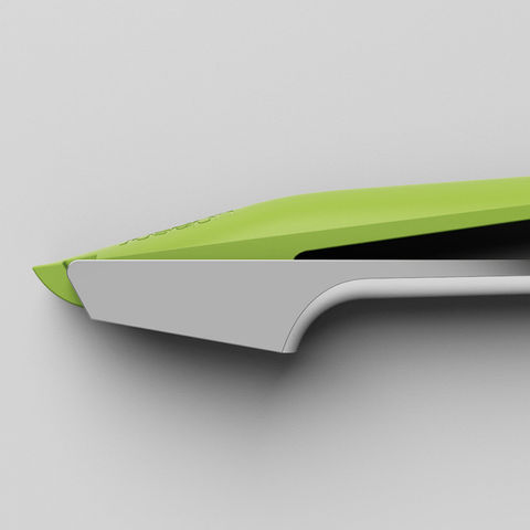 Side view of a patented easy to use, easy to clean garlic crusher for joseph Joseph. Click for more information