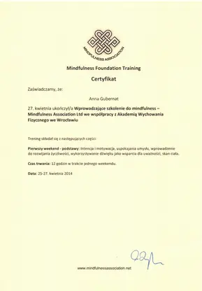 Certyfikat Mindfulness Foundation Training — Mindfulness Association i AWF Wrocław, 2014