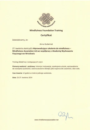 Certyfikat Mindfulness Foundation Training — Mindfulness Association i AWF Wrocław, 2014