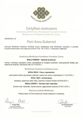 Certyfikat Mindfulness Practitioner Certificate Course — Mindfulness Association, Warszawa 2015 (64 h)