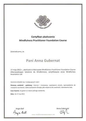 Certyfikat Mindfulness Practitioner Foundation Course — Mindfulness Association, Warszawa 2015