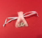 Thumbnail: A pink organza bag holding a silver "xo" letters inside.