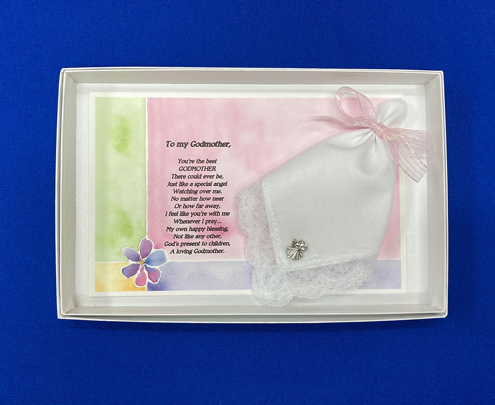 Pink Card  with pastel border card for My Godmother gift with a hankie and an angel pin in a gift box