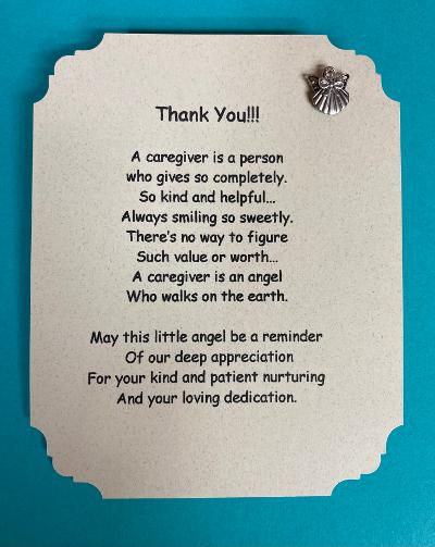 Thumbnail: A cream card featuring a heartfelt poem about caregivers. A small angel pin is at the right top.