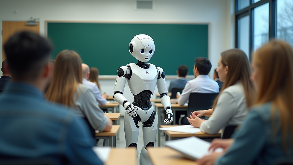 Plano medio de un robot interactuando con estudiantes en un aula