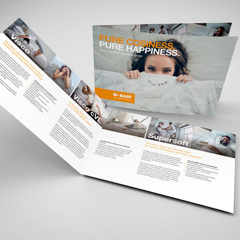 Produktflyer für BASF CosyPur®, präsentiert komfortable Schaumstofflösungen für Entspannung und Freizeit.