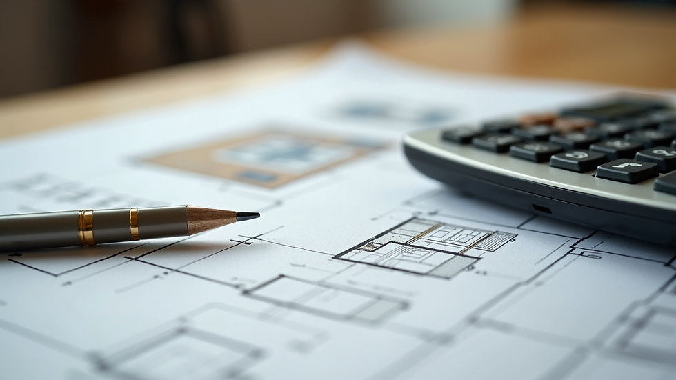 Close-up view of a calculator and home renovation plans