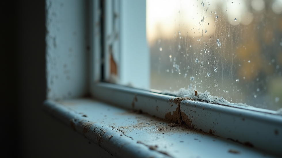 Close-up view of a window frame with visible damage