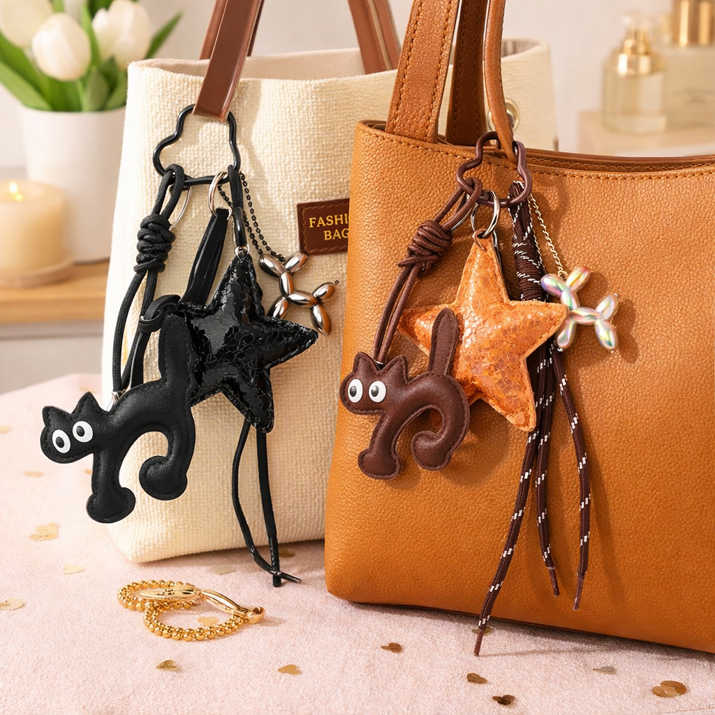 Bag Charm met Kat, Balloon Dog en Ster in Bruin of Zwart