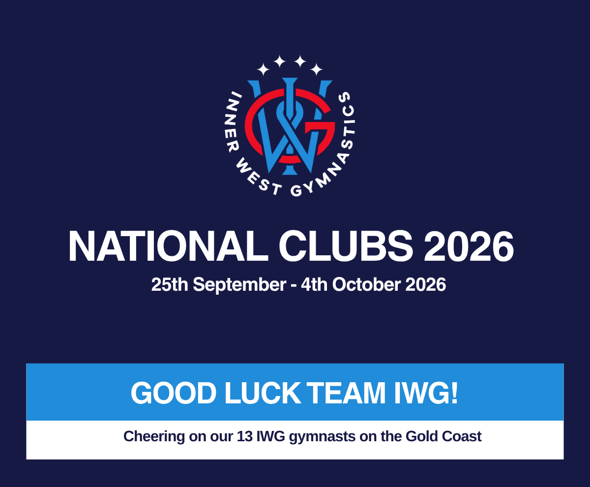Inner West Gymnastics National Clubs 2026 graphic, cheering on 13 IWG gymnasts competing on the Gold Coast from 25 September to 4 October 2026.