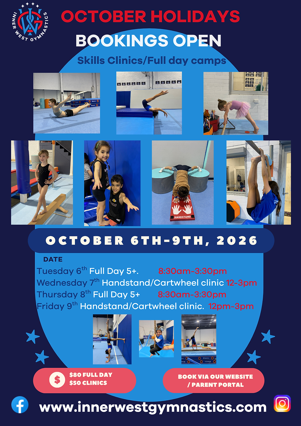 flyer with dates of the October holiday clinics. $80 full day, $50 clinics.
Book on website/ parent portal