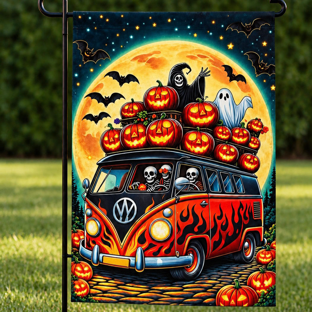 Halloween - Volkswagen Bus - Skeleton Crew - Pumpkin Moon Yard Flag