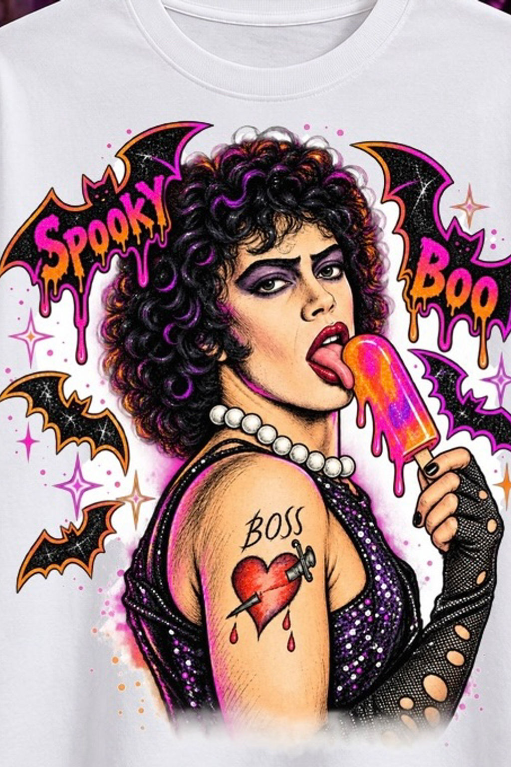 Tim Curry - Rocky Horror - Frank-N-Furter - Boo - Neon Bats Shirt - Apparel