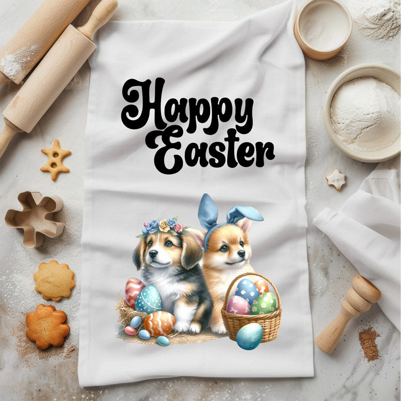 Happy Easter - Puppies Bunny Ear Egg Chick - Kitchen Tea Towel
