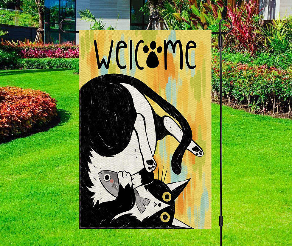Upside Down Tuxedo Cat With Fish Welcome - Garden Yard Flag