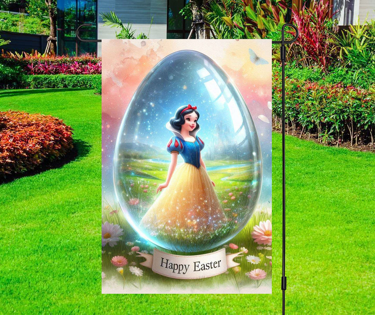 Happy Easter - Snow White in Egg - Disney Castle Dwarfs - Garden Yard Flag
