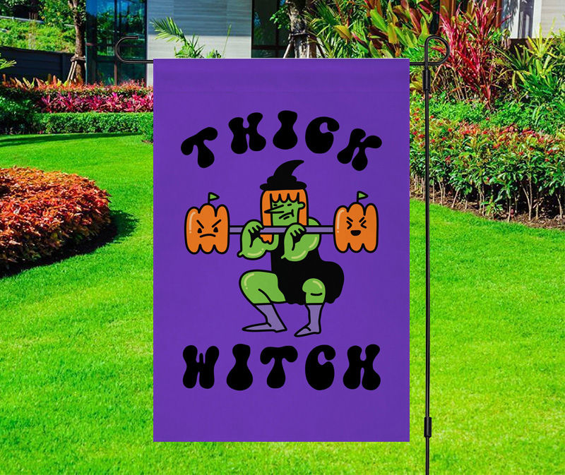 Thick Witch Lifting Pumpkins Yard Flag
