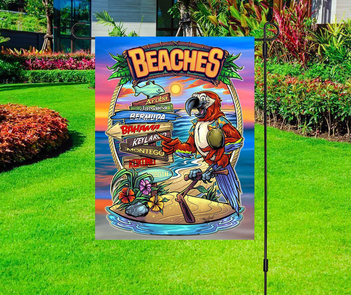 World's Best Beaches - Parrot Surfboard Sunset - Garden Yard Flag