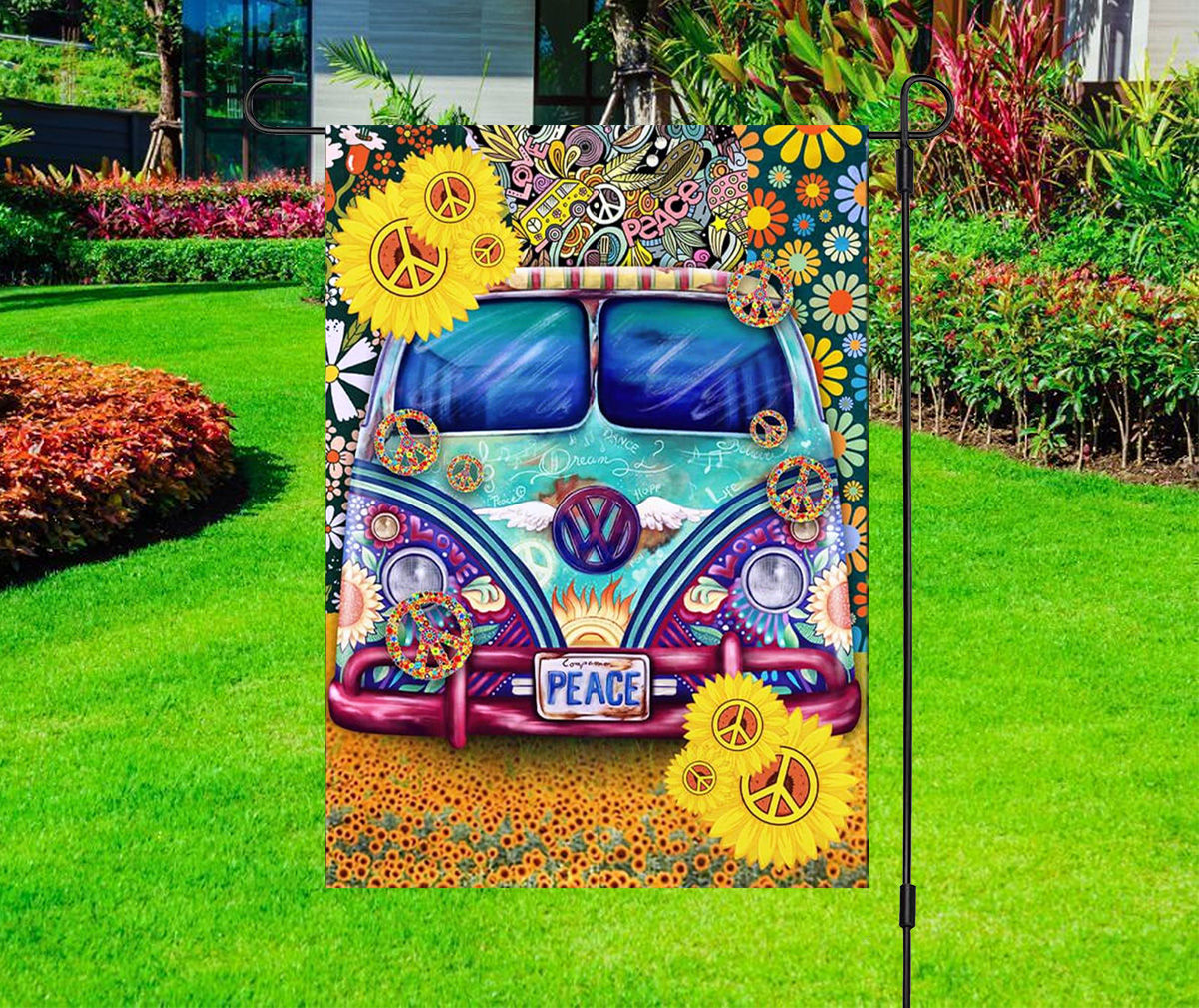 Volkswagon VW Bus Hippie Van - Flowers - Garden Yard Flag