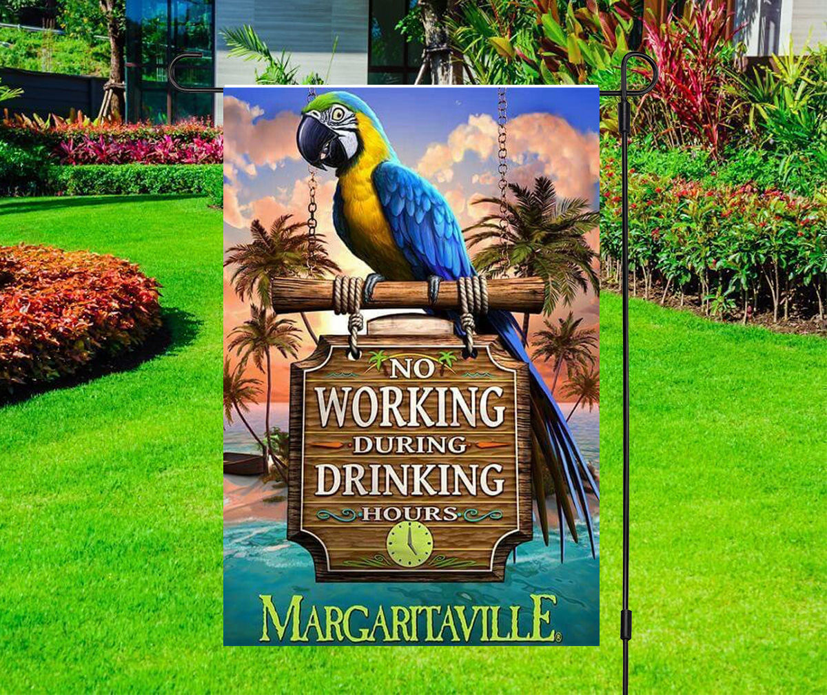 Margaritaville No Working During Drinking Hours Parrot - Garden Yard Flag
