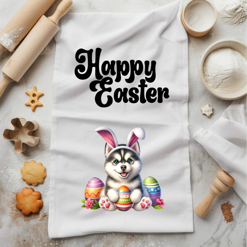 Happy Easter - Siberian Husky Bunny Ears Egg - Kitchen Tea Towel