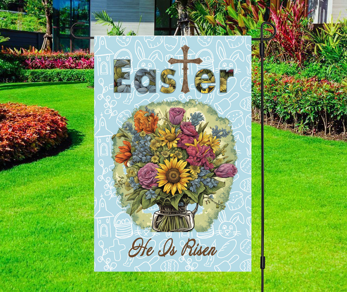 Easter "He Is Risen" Flower Garden Yard Flag