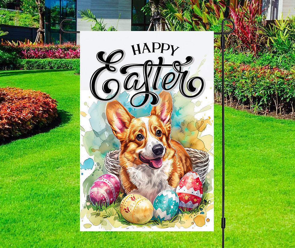 Happy Easter - Corgi in Bunny Ears - Watercolor Egg - Garden Yard Flag