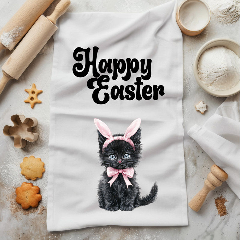 Happy Easter - Black Fluffy Kitten Bunny Ears Bow - Kitchen Tea Towel