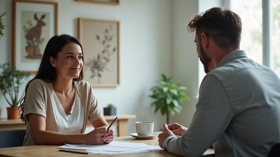 Eye-level view of a wellness coach and client discussing a health plan