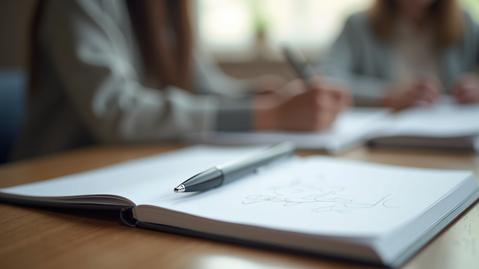 Close-up view of a notebook and pen on a table during a mental health workshop