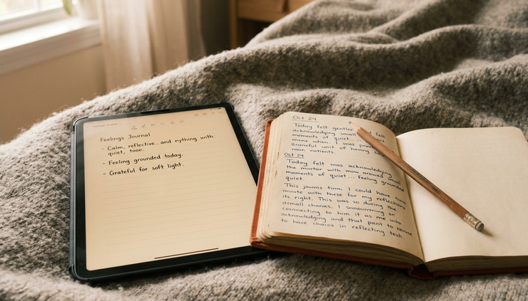 Close-up view of a tablet next to a handwritten feelings journal on a blanket.