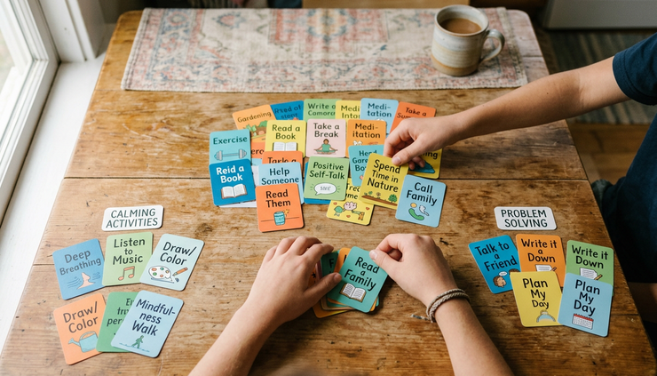Overhead view of a teen’s hands sorting colorful coping cards on a kitchen table.