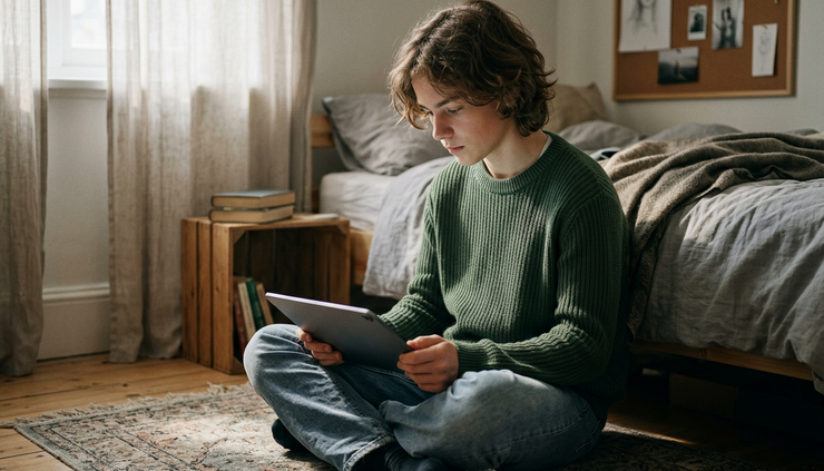 Eye-level view of a teenager sitting on a bedroom floor while holding a tablet.