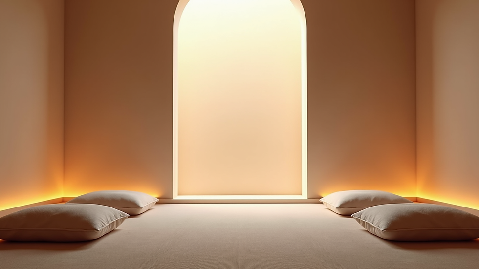 Eye-level view of a peaceful meditation space with cushions and soft lighting