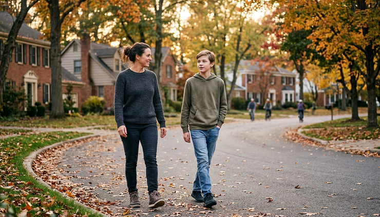 Wide-angle view of a caregiver and teenager walking together on a quiet neighborhood path.